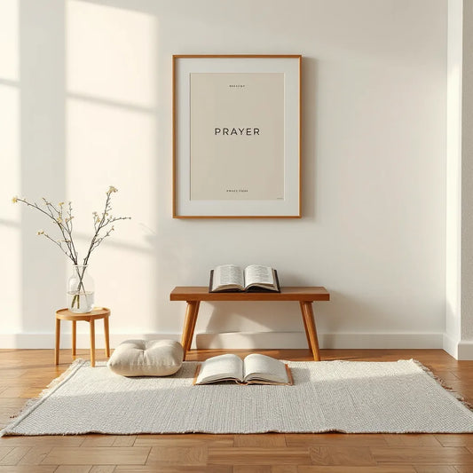 Warm, uncluttered prayer corner with cushion, open prayer book, and calm neutral decor