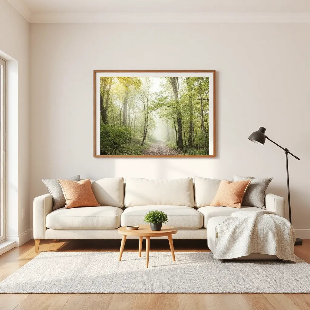 Large nature artwork showing a forest path in soft morning light above a light sofa and plant
