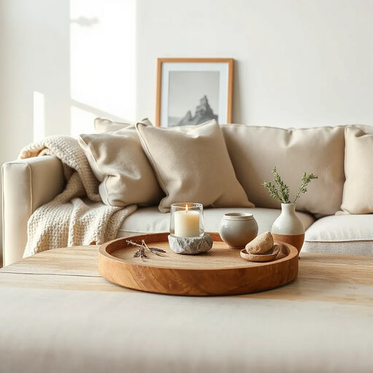 Warm living room with a calm altar-style setup on a side table and natural textures