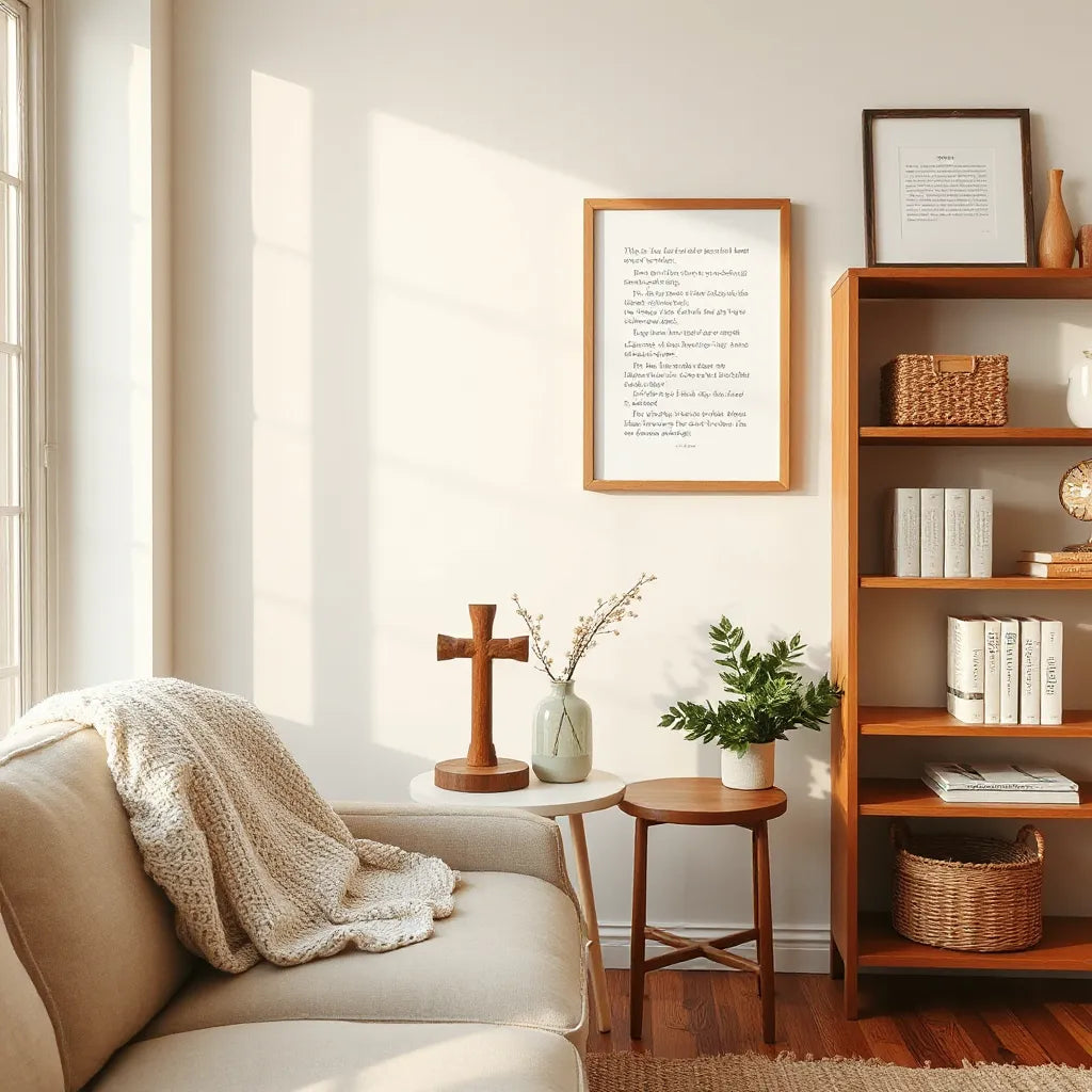 Warm living room decor featuring a small cross piece, neutral textiles, and minimalist faith-inspired accents
