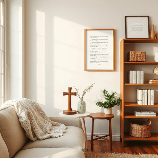 Warm living room decor featuring a small cross piece, neutral textiles, and minimalist faith-inspired accents