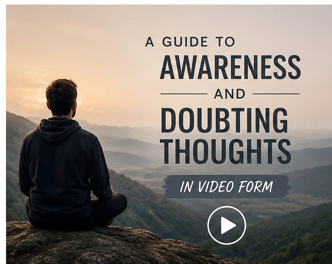 Person meditating above a mountain valley for an awareness and doubting thoughts video guide
