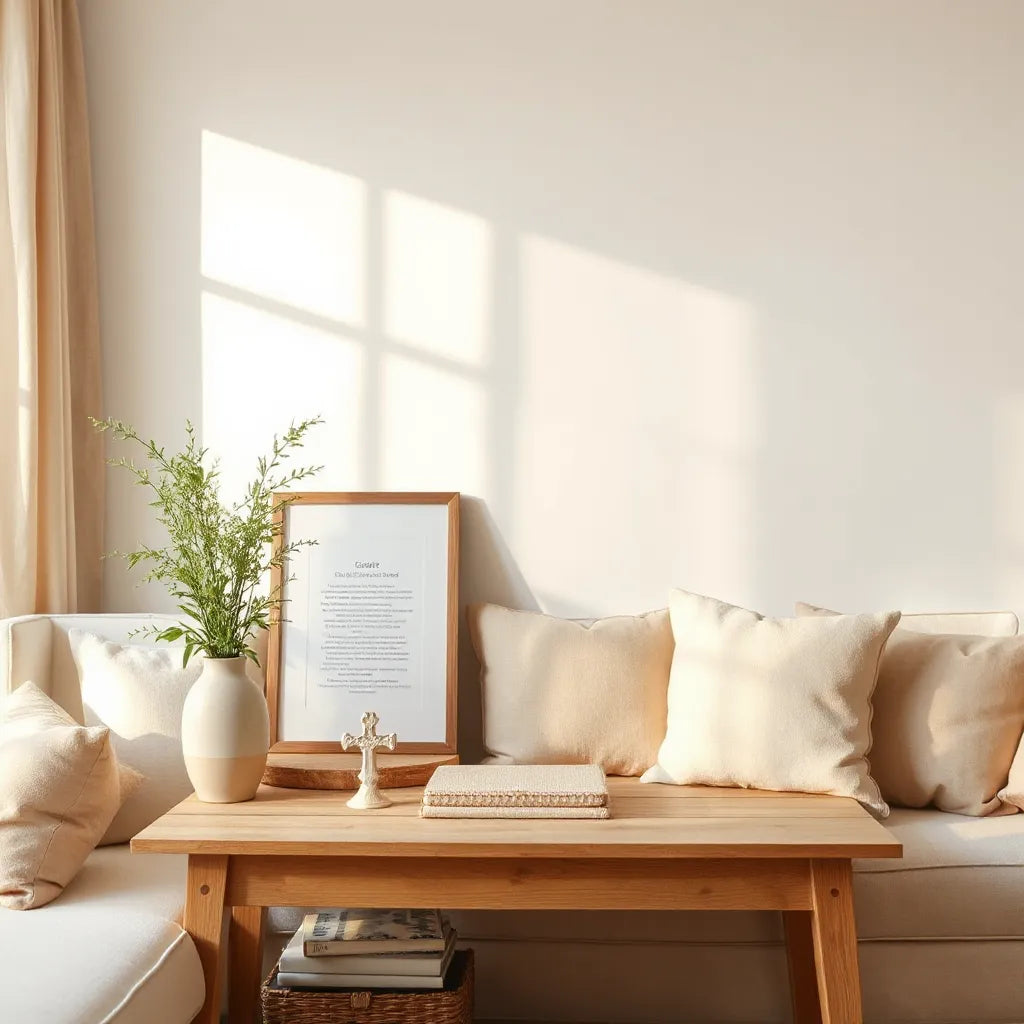 Warm living room featuring neutral decor with framed Scripture art and a small cross centerpiece