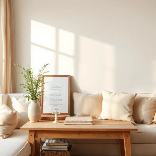 Warm living room featuring neutral decor with framed Scripture art and a small cross centerpiece