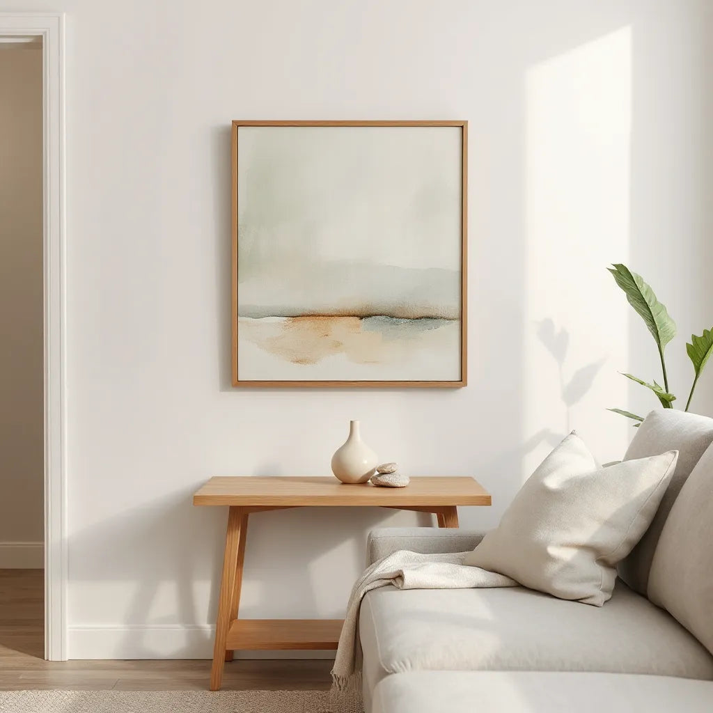 Soft abstract mindful presence artwork on a neutral wall in a bright living room with simple decor