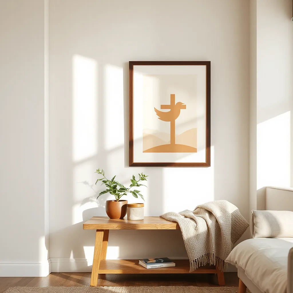Framed faith artwork with a subtle cross motif on a calm living room wall