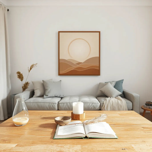 Warm-lit framed artwork above a wooden table with a candle, journal, and calm spiritual decor.