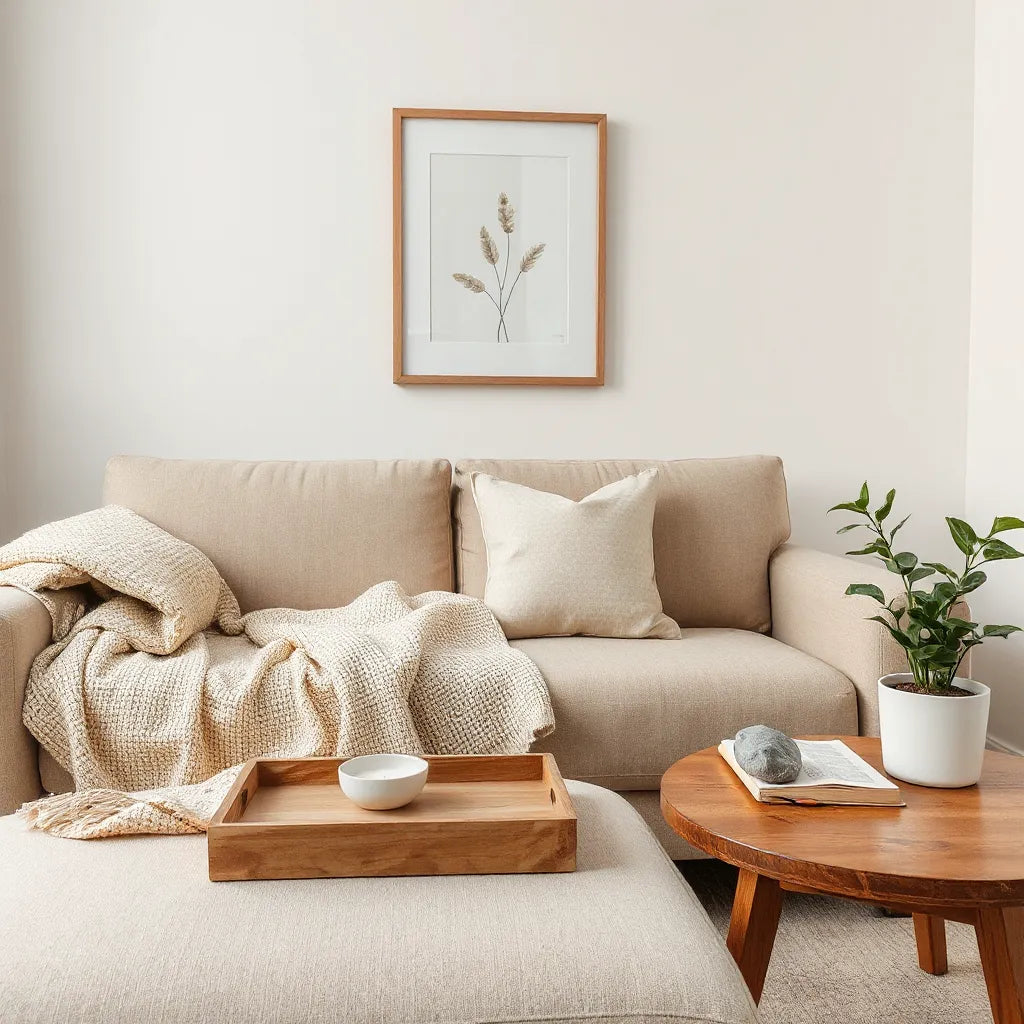 Calm living room corner with neutral decor, soft lighting, minimalist wall art, a candle tray, and a plant