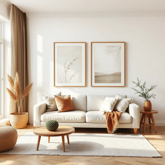 Neutral framed wall artworks on a gallery wall in a bright, calm living room