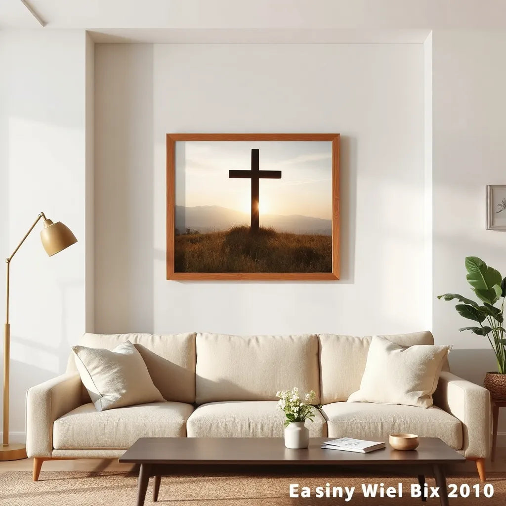 Framed faith-inspired artwork with warm light rays in a calm, uncluttered living room
