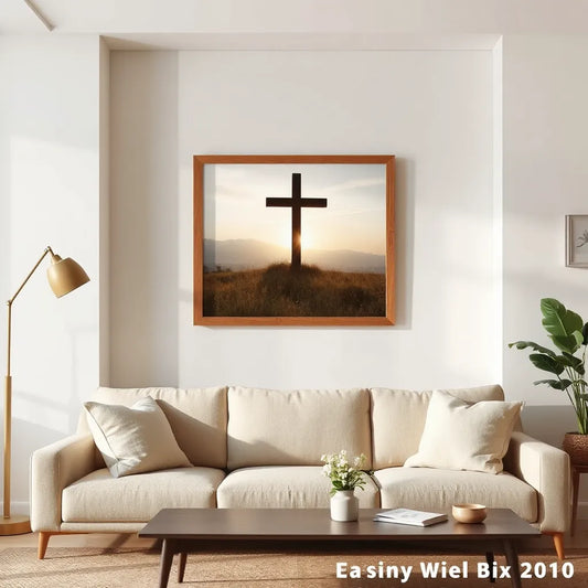 Framed faith-inspired artwork with warm light rays in a calm, uncluttered living room