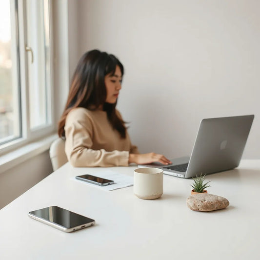 Person seated at a minimalist desk with a phone face down and soft morning light for calm focus