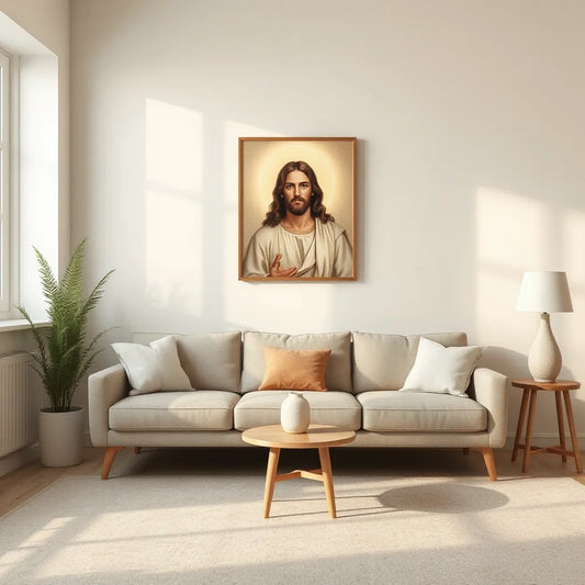 Framed canvas of Jesus with a warm halo above a neutral sofa in a bright, calm living room