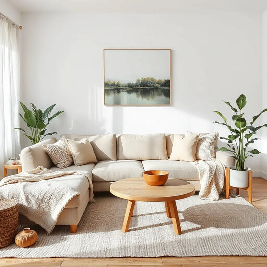 Bright neutral living room with soft textiles, natural light, and minimal calm wall art