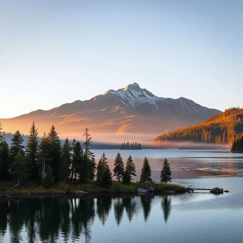 Misty mountain landscape with a calm lake and evergreen shoreline under soft golden light