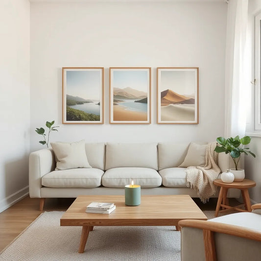 Calm living room with minimal framed wall art, soft textiles, and warm natural light