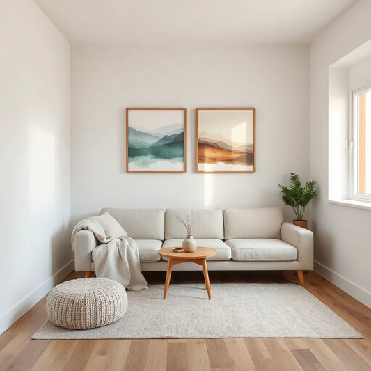 Minimal framed calming artwork on a softly lit living room wall with neutral decor