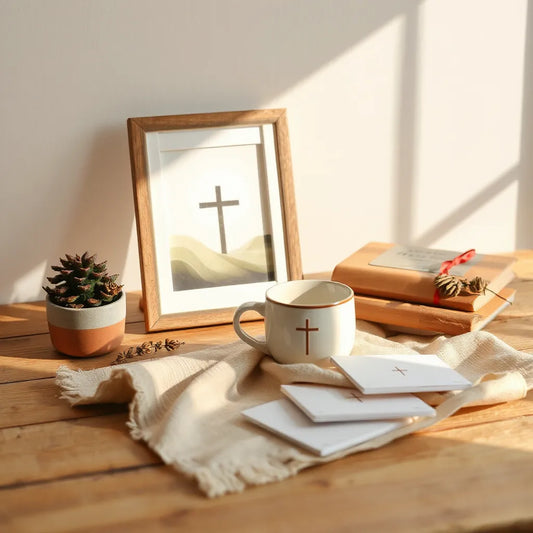 Framed Christian artwork, ceramic mug, and prayer card set arranged on a calm tabletop with soft natural light
