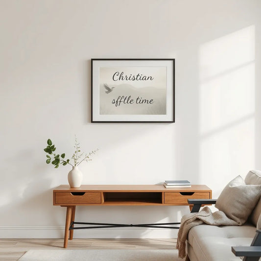 Framed Christian wall art with gentle dove and cross tones on a bright living room wall