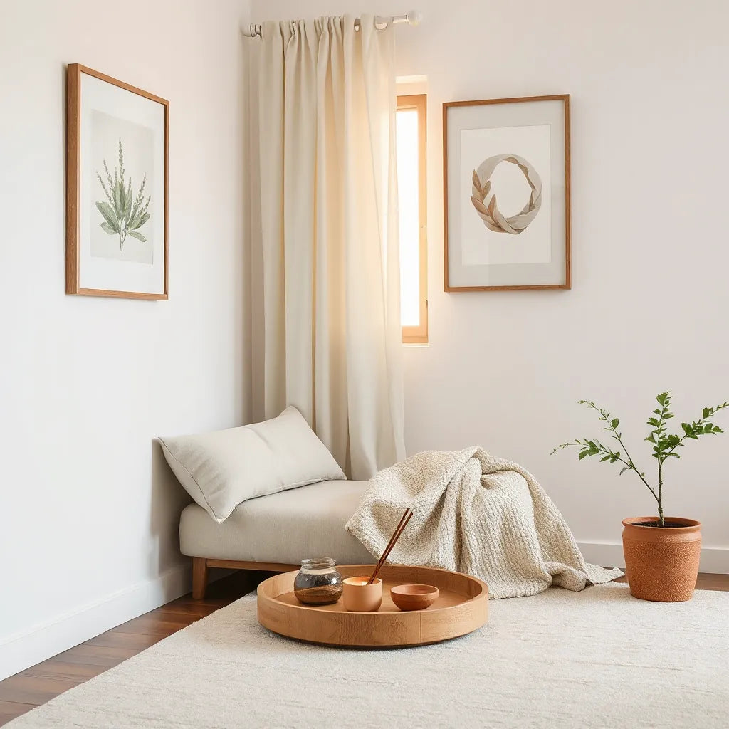 A minimal meditation corner with warm light, soft cushions, and framed calming wall art