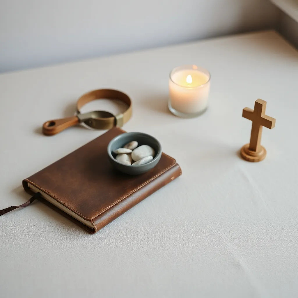 Warm candlelit journal and cross on a calm desk for reflecting on spiritual gifts