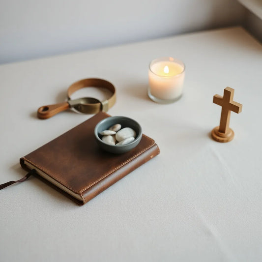 Warm candlelit journal and cross on a calm desk for reflecting on spiritual gifts