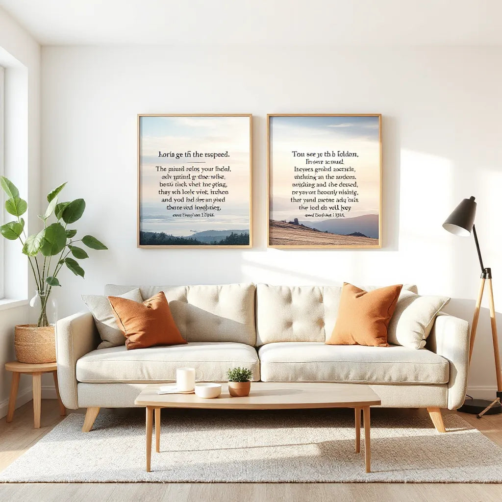 Two scripture-inspired canvas prints displayed on a bright living room wall with soft daylight