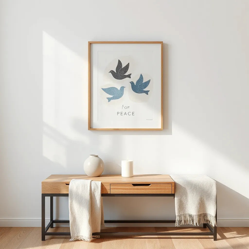 Framed symbolic peace artwork with dove-like motifs in a calm, softly lit living room