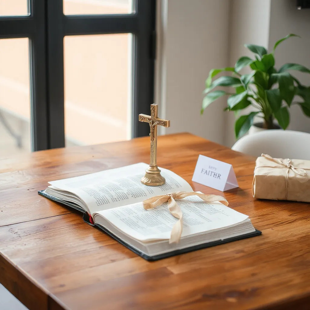 Handmade gift wrapped with a ribbon beside an open Bible and cross under warm natural light