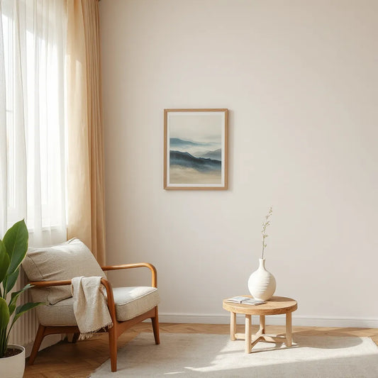 Minimal living room with soft daylight and a serene framed abstract artwork suggesting calm stillness