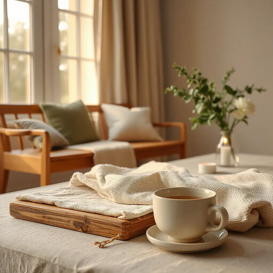 Sunlit meditation corner with a wooden bench, warm tones, and minimal calm decor