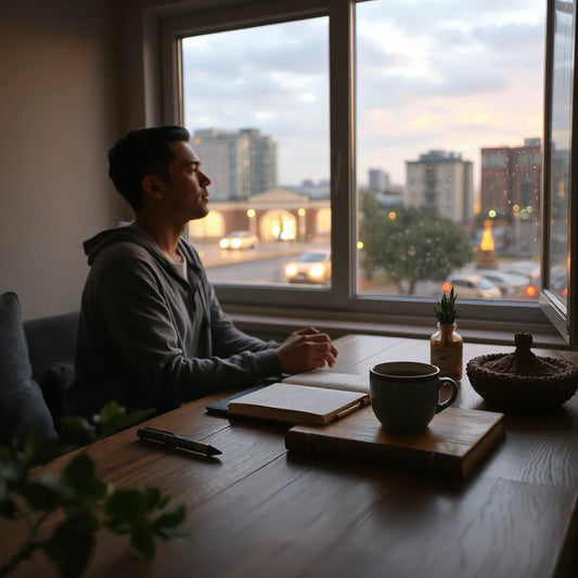 Person journaling calmly at a tidy table while a stormy street blurs outside the window
