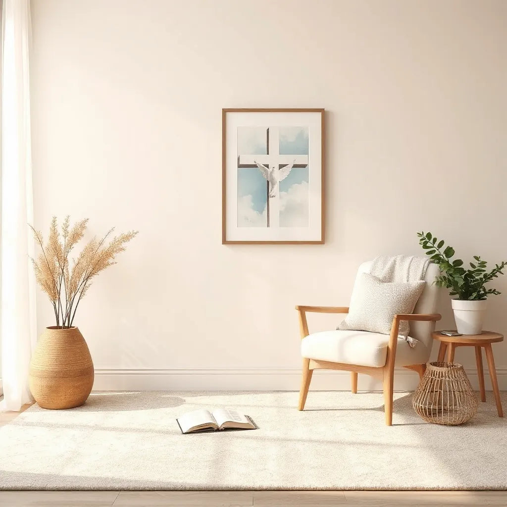 Framed Christian wall art with cross and dove motifs above a cozy reading chair and small Bible
