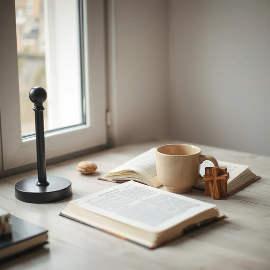 Open book on a calm desk with warm light, mug, and small cross for reflection