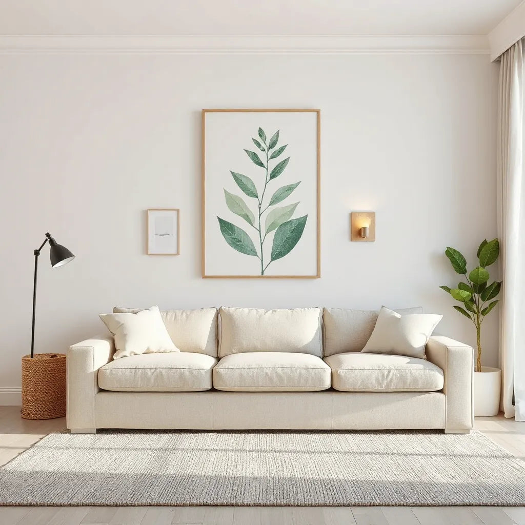 Muted green and cream wall art with warm lighting in a calm, uncluttered living room