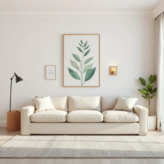 Muted green and cream wall art with warm lighting in a calm, uncluttered living room