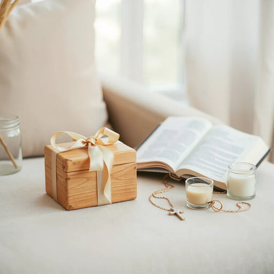 Faithful Christian gifts arranged with a ribboned keepsake box, open Bible, and simple devotional items