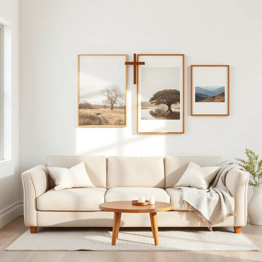Framed faith-inspired art gallery on a living room wall with warm natural light