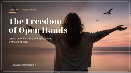 Woman standing with open arms beside a peaceful lake at sunrise as birds fly overhead, representing surrender, trust and freedom from earthly outcomes.