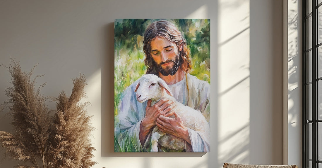 The Gentle Shepherd Canvas – Jesus holding a lamb, symbolizing peace, love, and divine protection. Premium Christian wall art by PeaceBeyondThought.