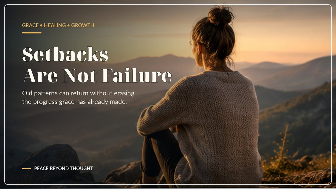 Woman reflecting at sunrise over a mountain valley, symbolizing grace, healing and moving through setbacks without seeing them as failure.