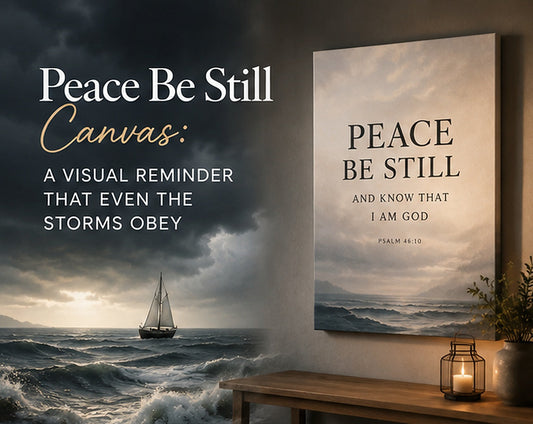 Stormy ocean with sailboat beside Peace Be Still Christian canvas wall art