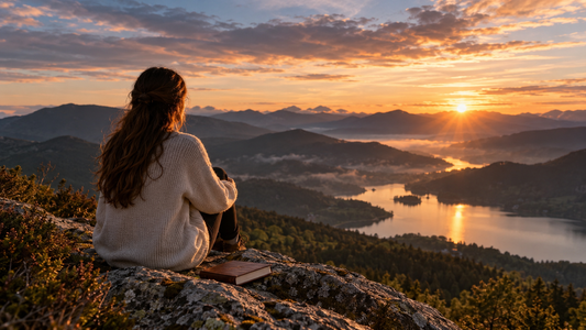 A woman sitting quietly above a sunlit mountain lake, representing stepping back from anxious thoughts, questioning fear, and returning to truth and presence.