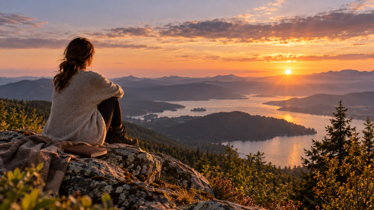 A woman sitting quietly on a mountain overlook at golden hour, representing Christian stillness, mental noise, overthinking, and returning to God's presence.