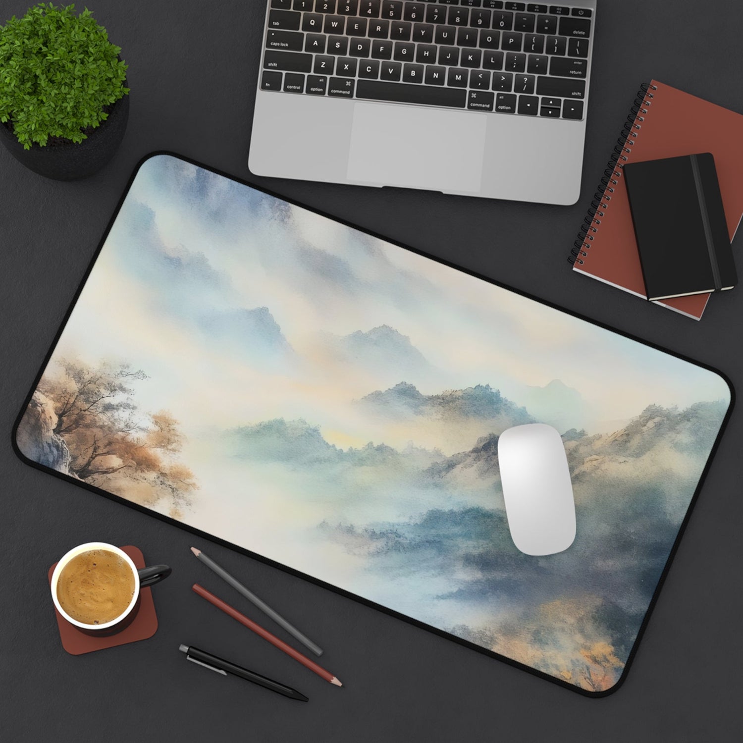 Misty Mountain Desk Mat - Watercolor Forest Landscape - Green Nature Aesthetic Mouse Pad & Gaming Setup Accessories XL