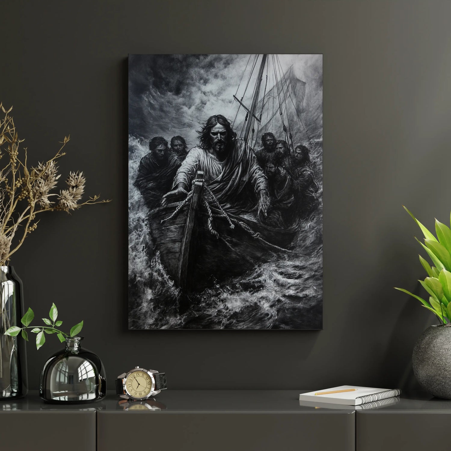 Christian wall art canvas of Jesus calming a stormy sea with disciples on a boat, black and white.
