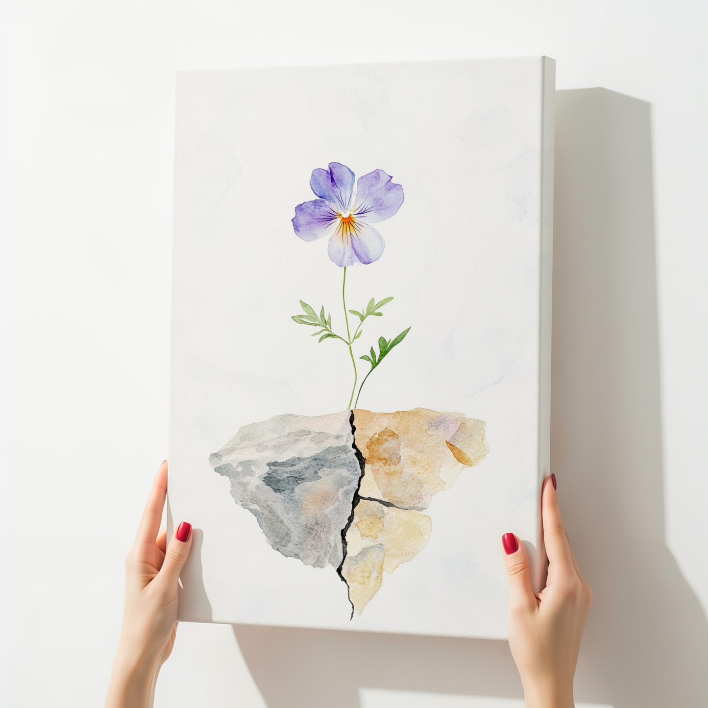 Minimalist wall art with a purple flower growing from cracked stone, held by hands