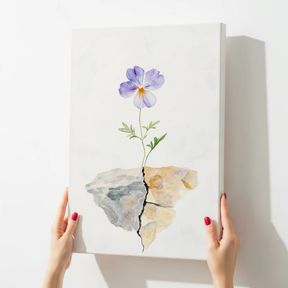 Minimalist wall art with a purple flower growing from cracked stone, held by hands