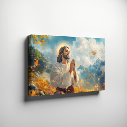 Jesus prayer canvas wall art in autumn landscape, Christian wall decor for peaceful home, prayer room or spiritual gift 