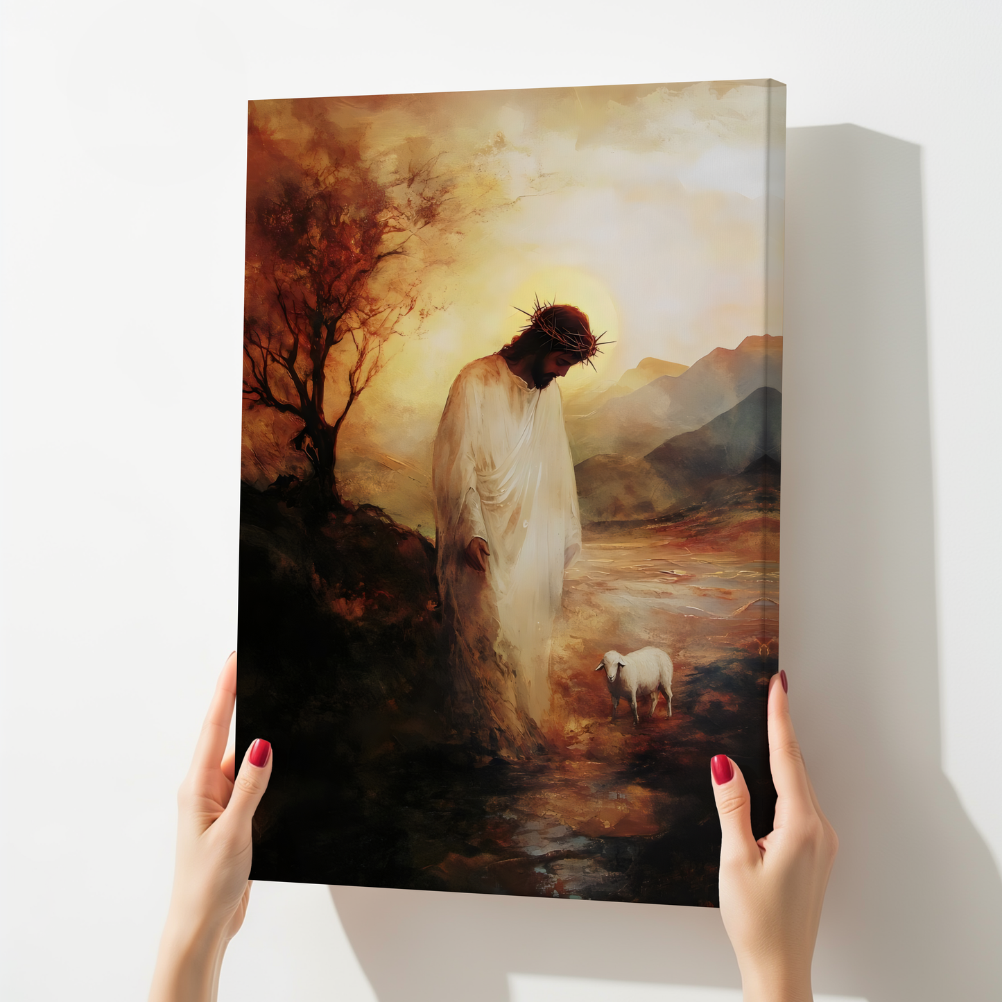 Christian wall art canvas depicting Jesus with a lamb in a serene, glowing landscape.